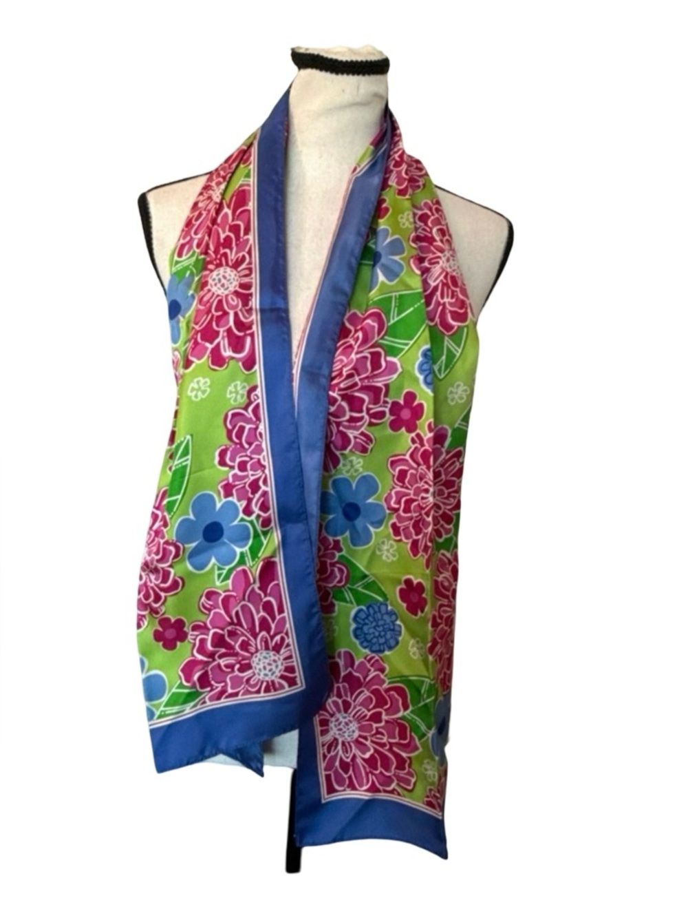 Lilly Pulitzer 100% Silk Scarf 2005 Floral Pink Green Blue Ford Promo Vintage